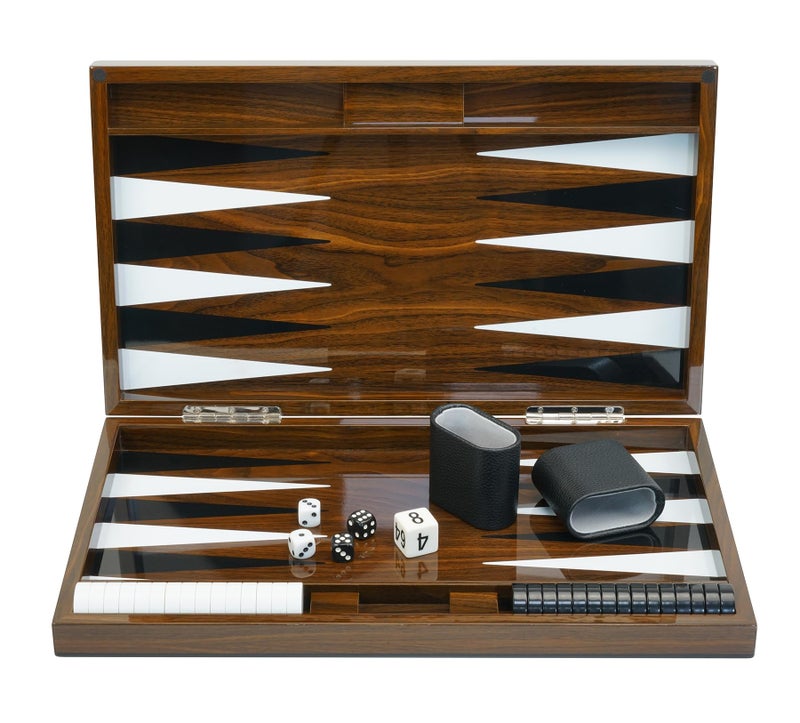 TimelyBuys Deluxe Wood 18" Lacquered Backgammon Board Game Set with Premium Leather Dice Cups and Acrylic Game Chips - Image 1